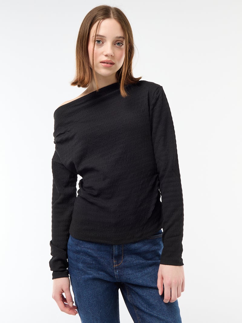 T-shirt met lange mouwen van gewafelde stof Zwart - Kiabi