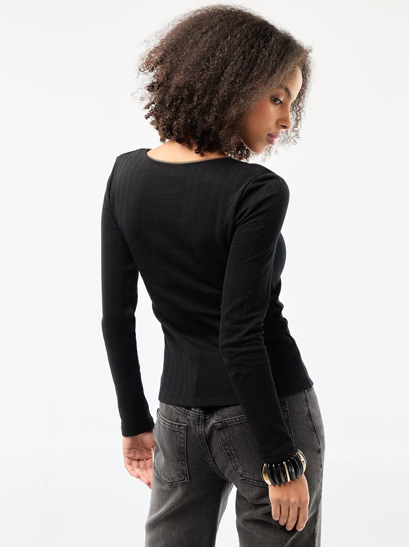 T-shirt met lange mouwen van pointelletricot zwart - Kiabi