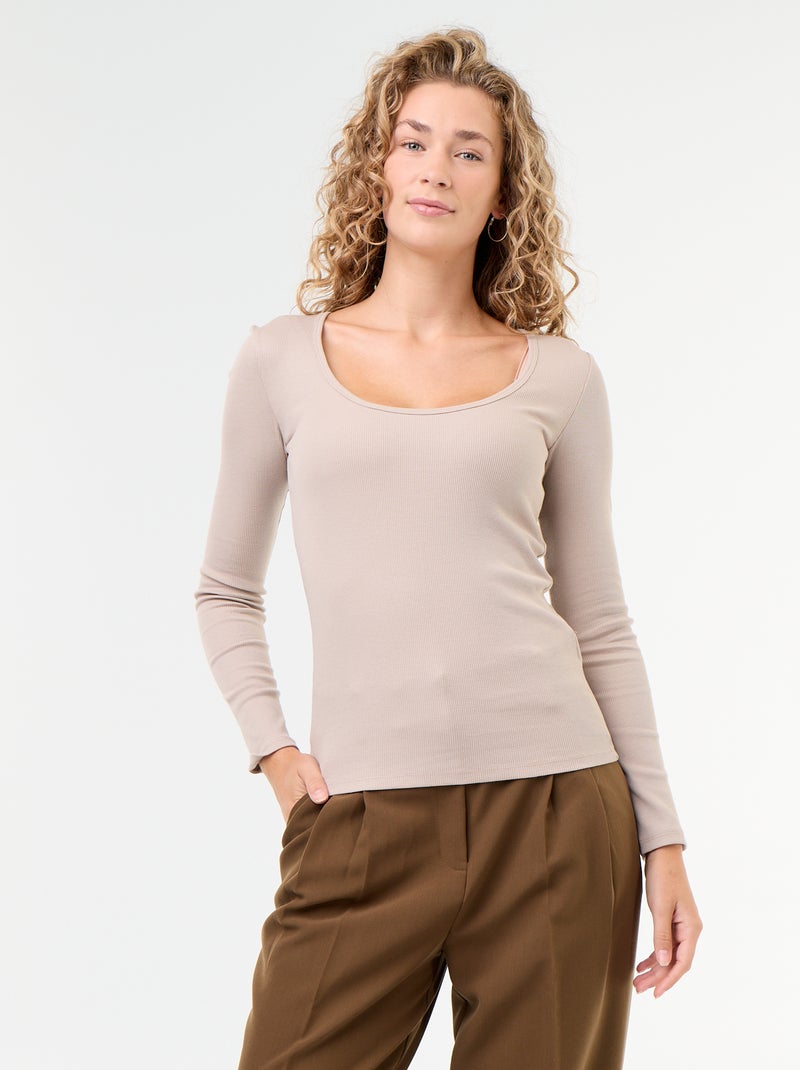 T-shirt met lange mouwen van ribstof Biege - Kiabi