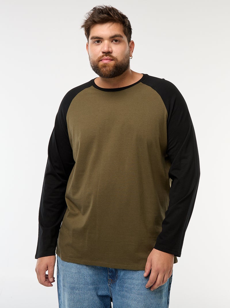 T-shirt met lange raglanmouwen en ronde hals Kaki - Kiabi
