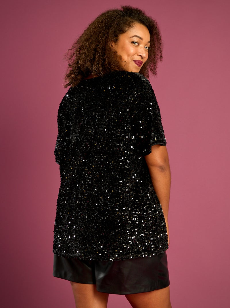 T-shirt met lovertjes en korte mouwen zwart - Kiabi