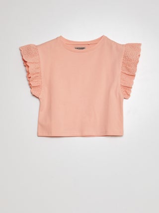 T-shirt met mouwen in broderie anglaise