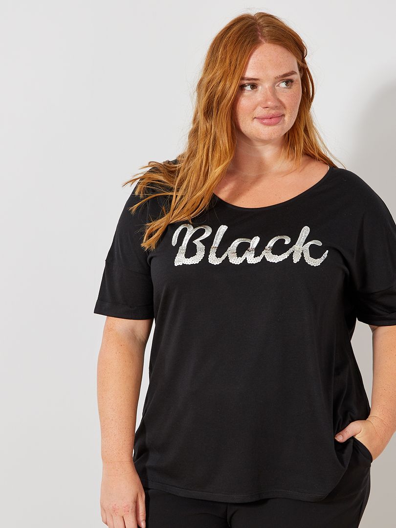T-shirt met opschrift met lovertjes en borduursels zwart - Kiabi
