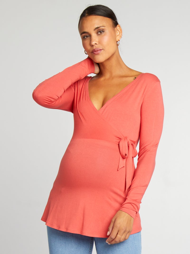 T-shirt met overslaghals ROOD - Kiabi