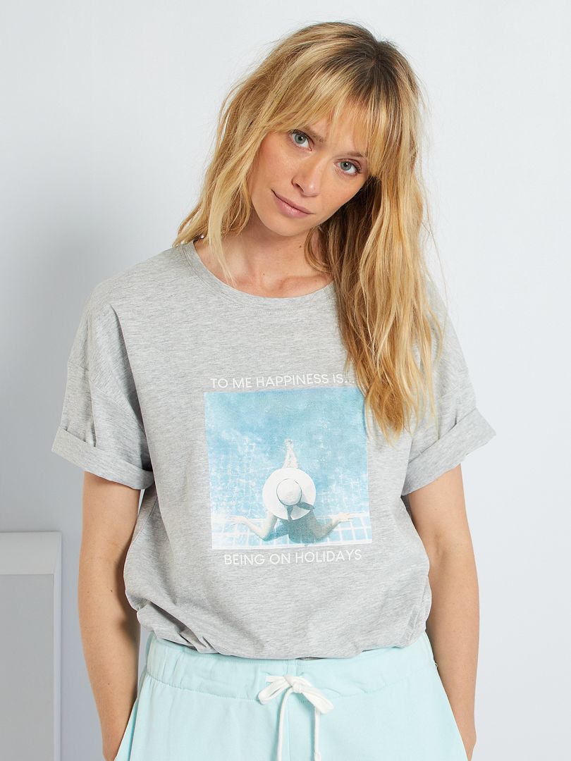 T-shirt met print 'Bonheur' GRIJS - Kiabi