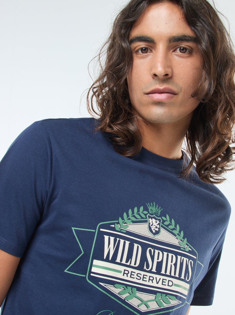 T-shirt met print, korte mouw en ronde hals Blauw - Kiabi