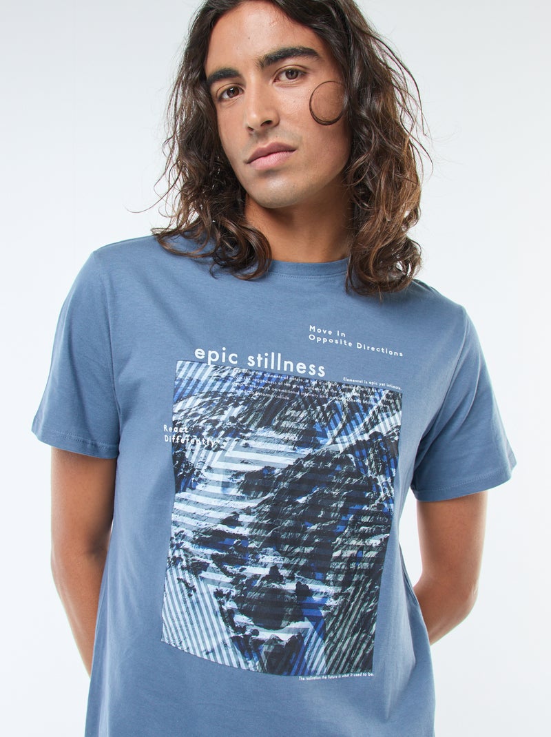 T-shirt met print, korte mouw en ronde hals Blauw - Kiabi