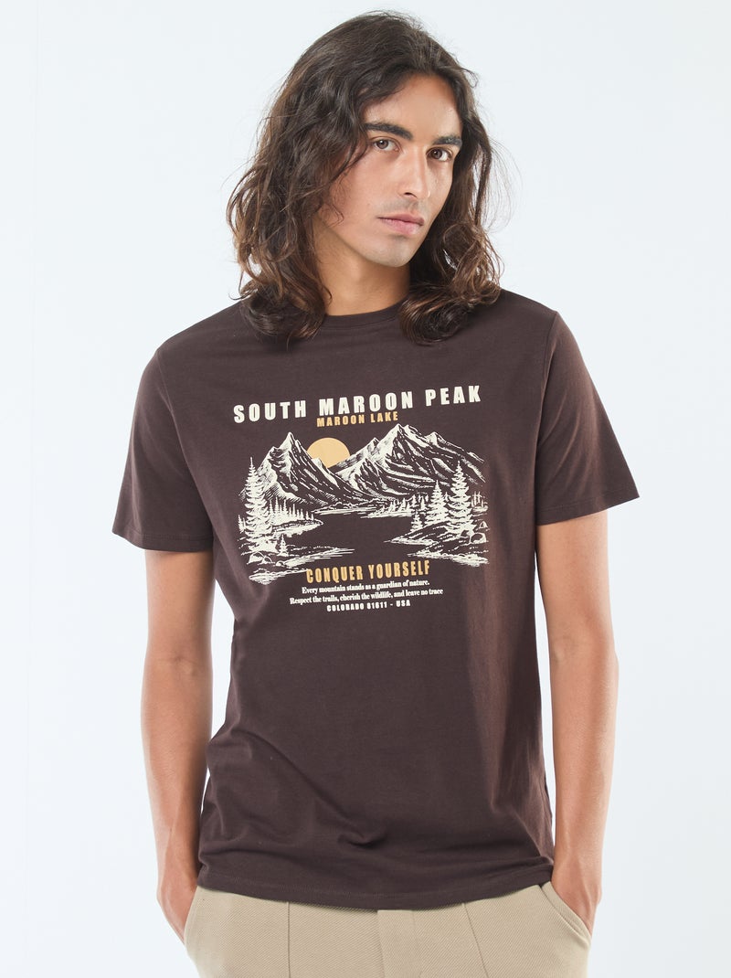 T-shirt met print, korte mouw en ronde hals Bruin - Kiabi