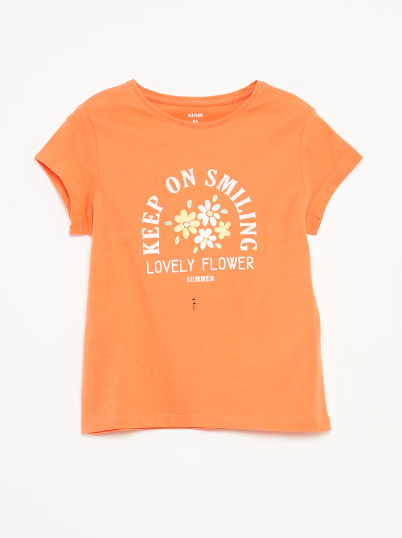 T-shirt met print, korte mouw en ronde hals Oranje - Kiabi