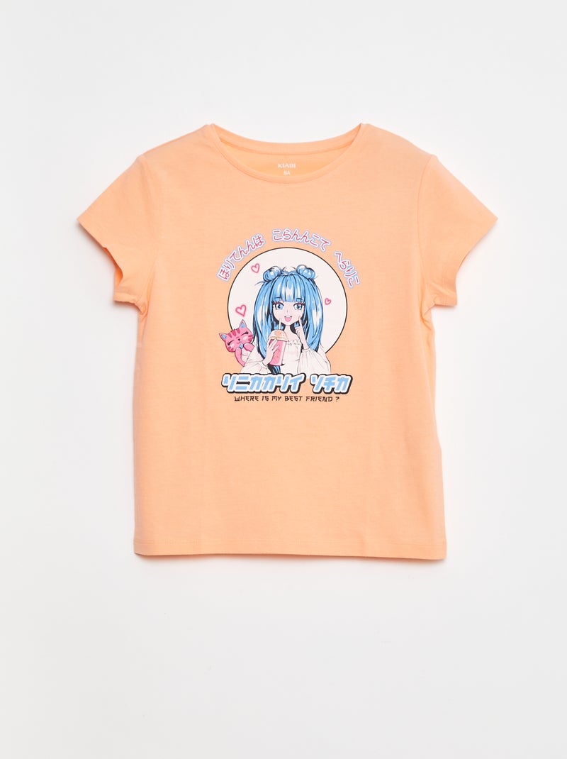 T-shirt met print, korte mouw en ronde hals Oranje - Kiabi