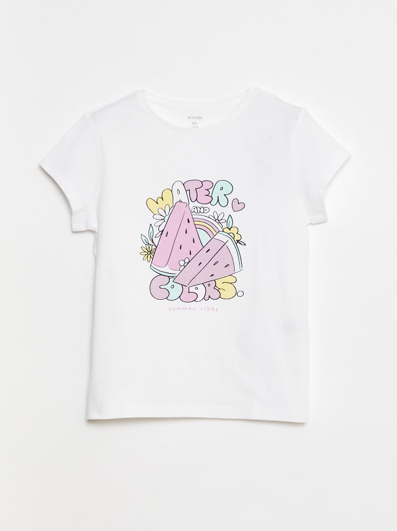 T-shirt met print, korte mouw en ronde hals Wit - Kiabi