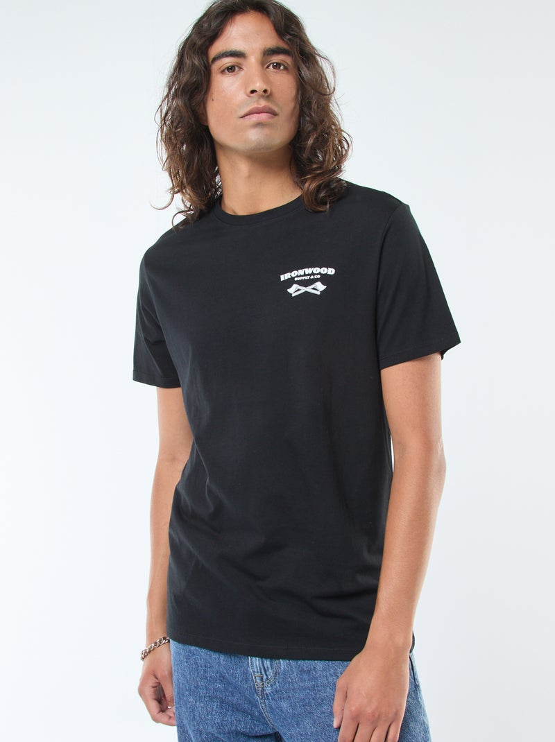 T-shirt met print, korte mouw en ronde hals Zwart - Kiabi
