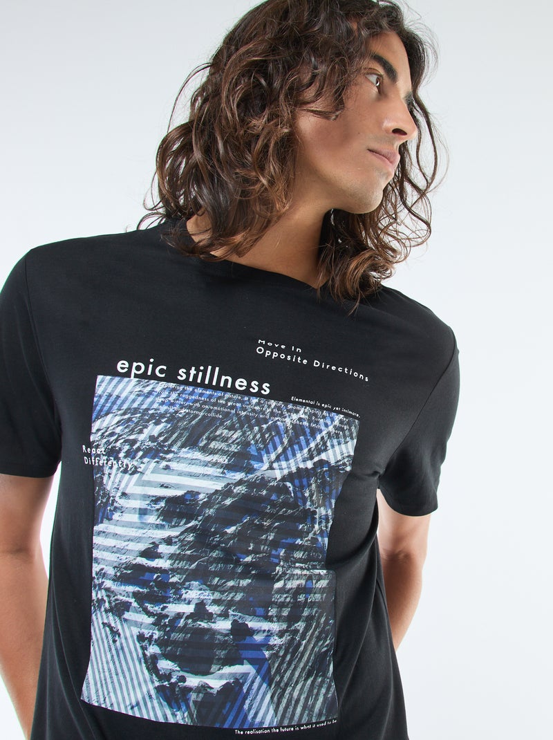 T-shirt met print, korte mouw en ronde hals Zwart - Kiabi