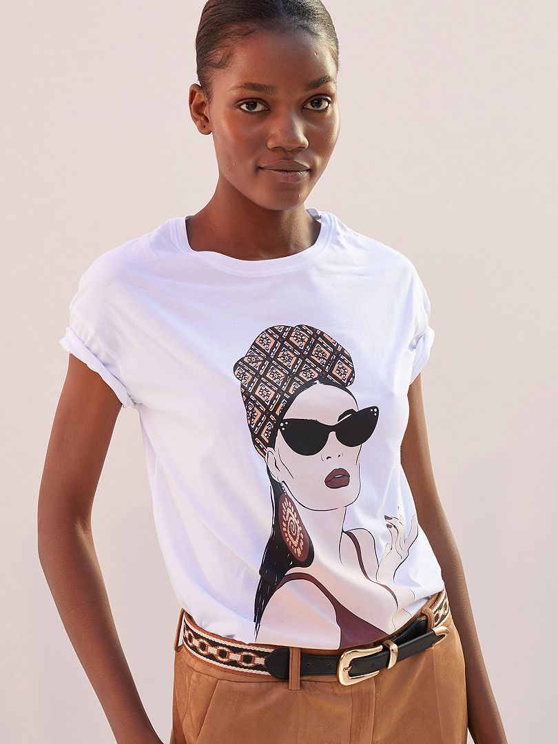 T-shirt met print ‘vrouw met bandeau van wax’ WIT - Kiabi