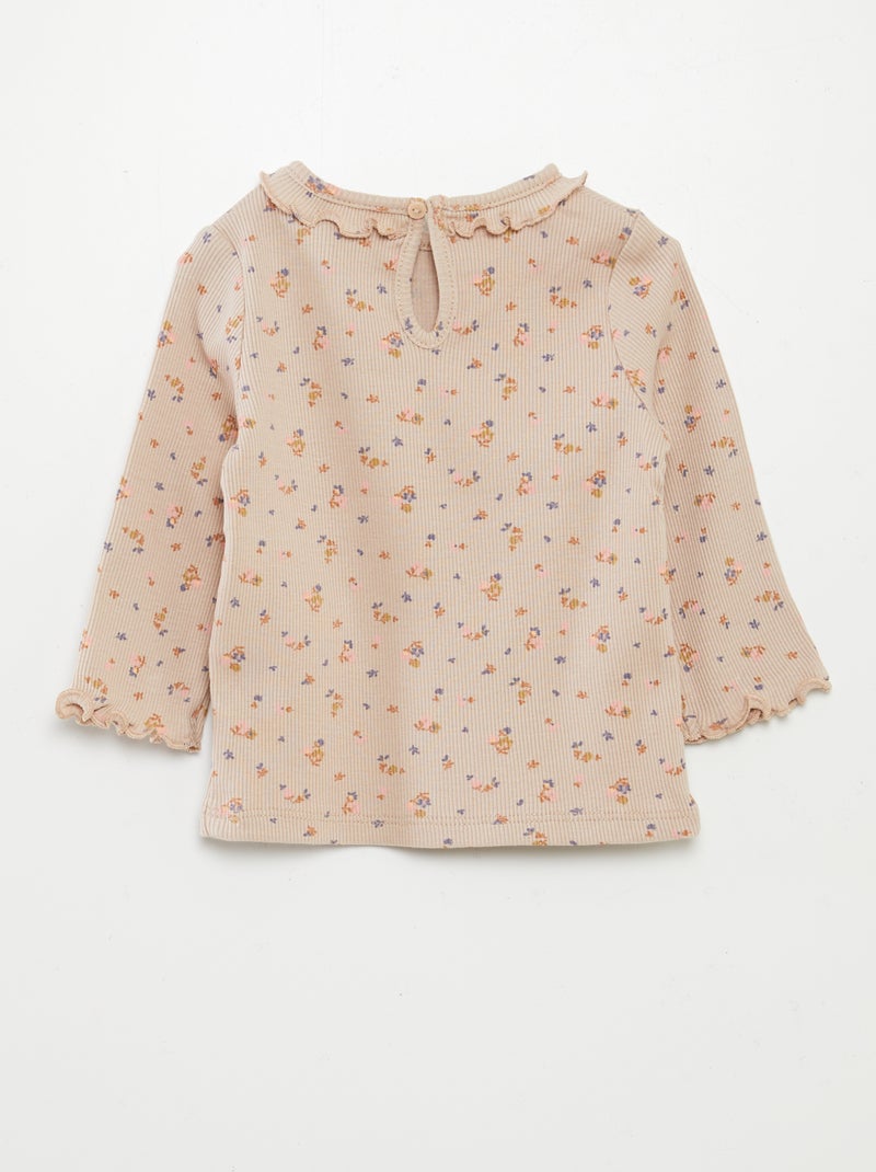 T-shirt met ribbeltextuur en volants rond de hals BIEGE - Kiabi