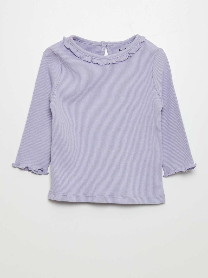 T-shirt met ribbeltextuur en volants rond de hals BLAUW - Kiabi
