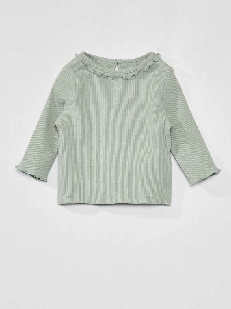 T-shirt met ribbeltextuur en volants rond de hals grijs groen - Kiabi