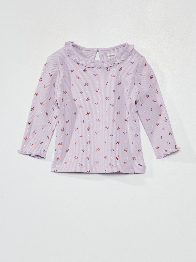 T-shirt met ribbeltextuur en volants rond de hals PAARS - Kiabi