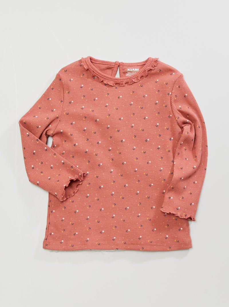 T-shirt met ribbeltextuur en volants rond de hals ROSE - Kiabi