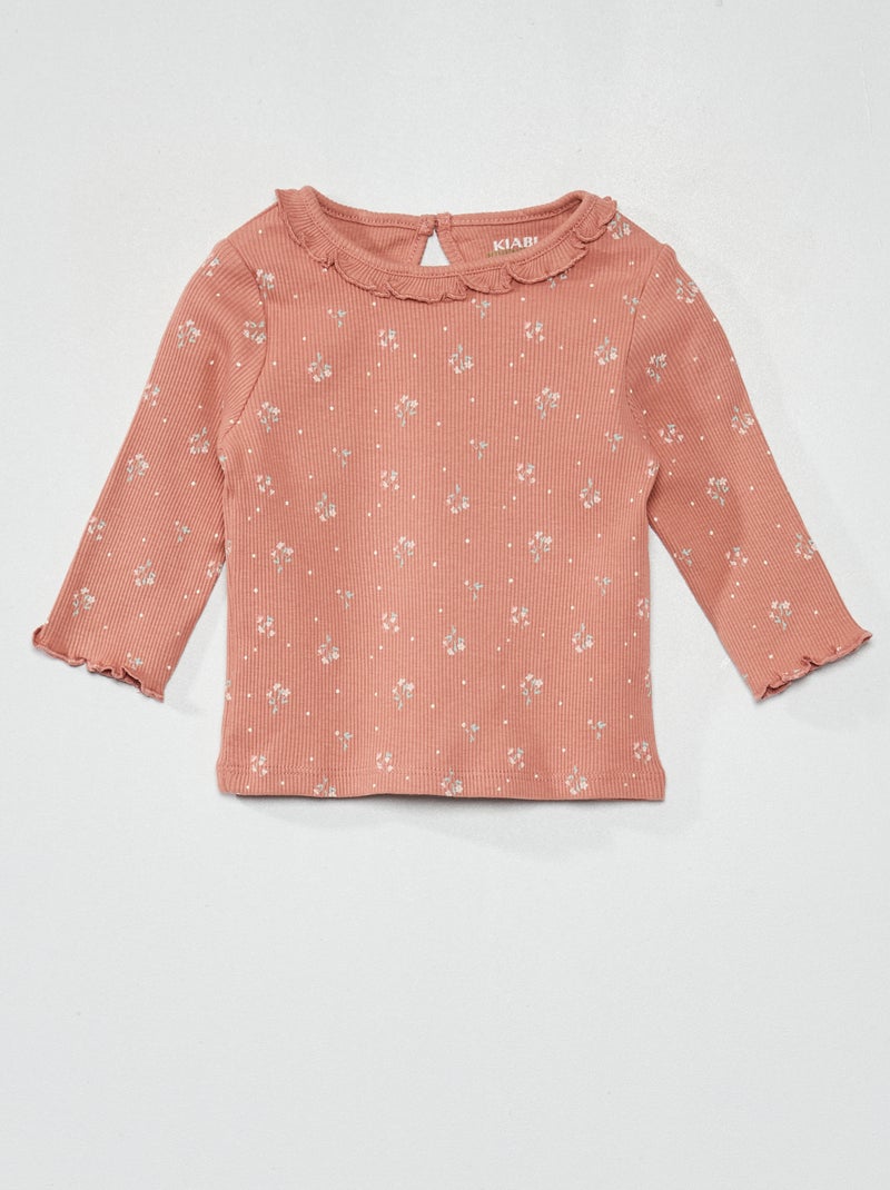 T-shirt met ribbeltextuur en volants rond de hals ROSE - Kiabi