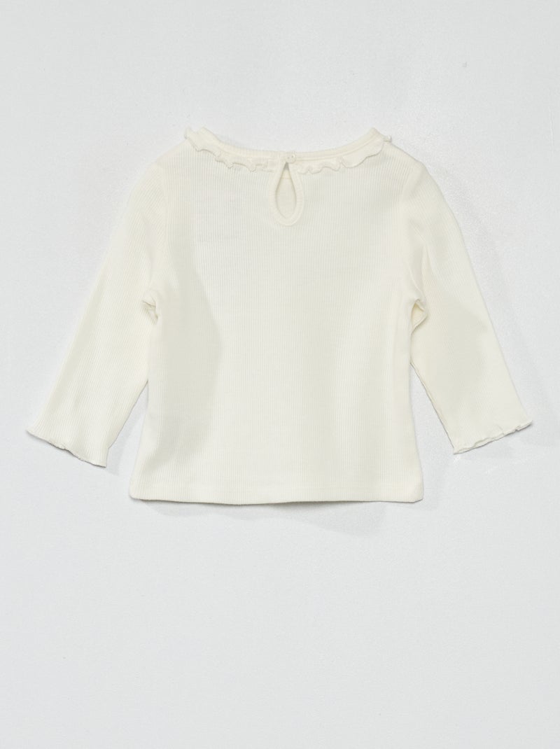 T-shirt met ribbeltextuur en volants rond de hals sneeuw wit - Kiabi