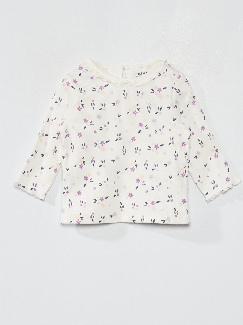 T-shirt met ribbeltextuur en volants rond de hals WIT - Kiabi