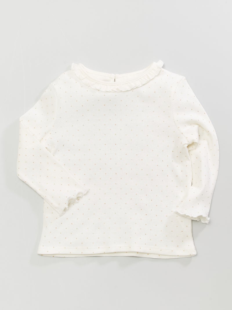 T-shirt met ribbeltextuur en volants rond de hals WIT - Kiabi