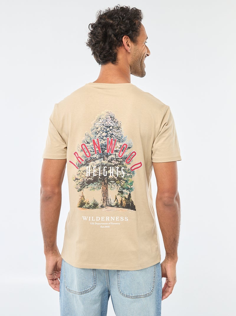 T-shirt met ronde hals, korte mouwen en print Biege - Kiabi