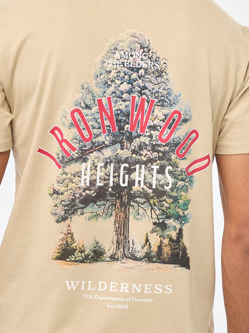 T-shirt met ronde hals, korte mouwen en print Biege - Kiabi