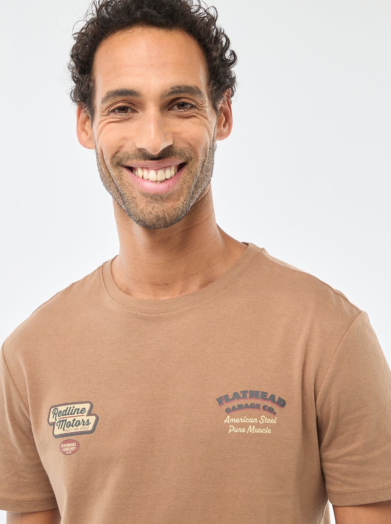 T-shirt met ronde hals, korte mouwen en print Biege - Kiabi