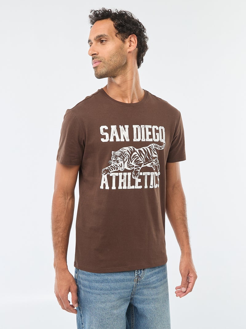 T-shirt met ronde hals, korte mouwen en print Bruin - Kiabi