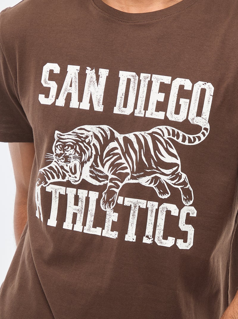 T-shirt met ronde hals, korte mouwen en print Bruin - Kiabi