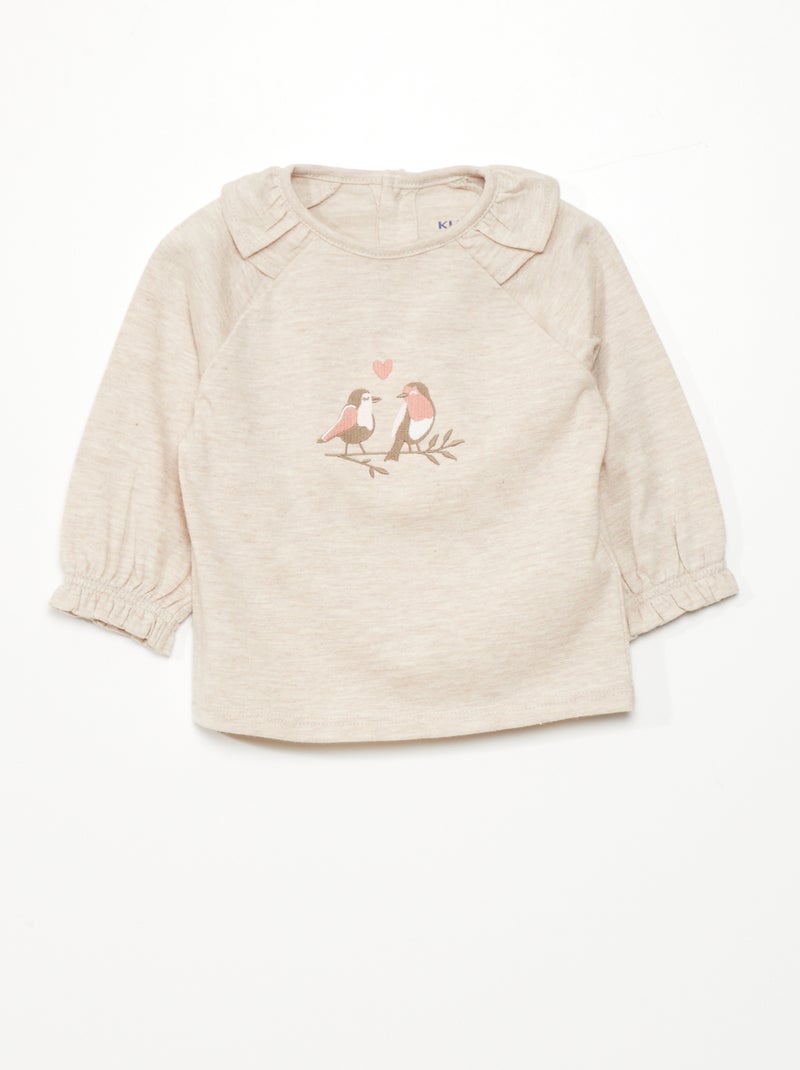 T-shirt met ruches en geborduurd vogeltje BIEGE - Kiabi