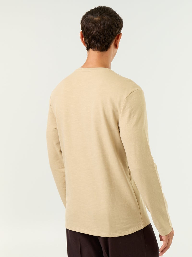 T-shirt met tunisische kraag en lange mouwen Biege - Kiabi