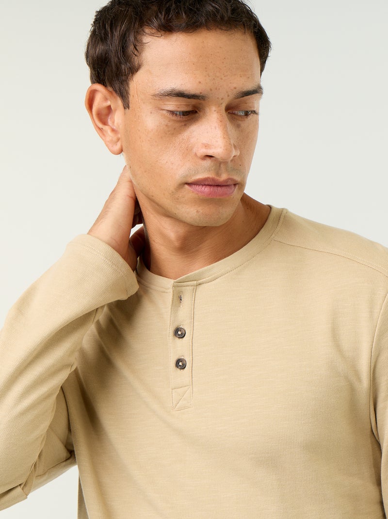 T-shirt met tunisische kraag en lange mouwen Biege - Kiabi