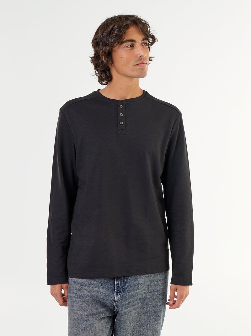 T-shirt met tunisische kraag en lange mouwen Zwart - Kiabi