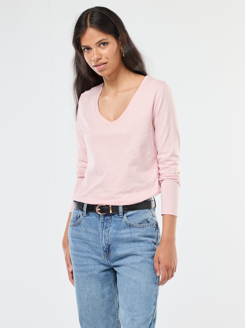 T-shirt met V-hals Biege - Kiabi