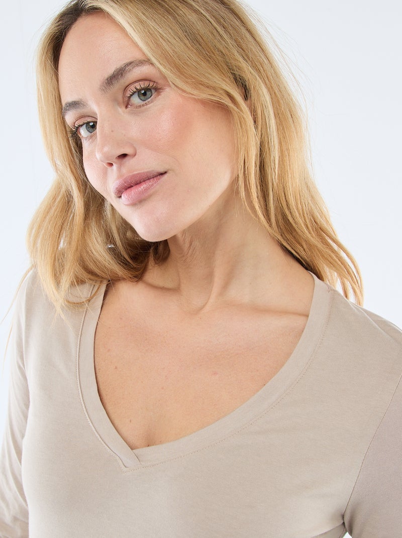 T-shirt met V-hals Biege - Kiabi
