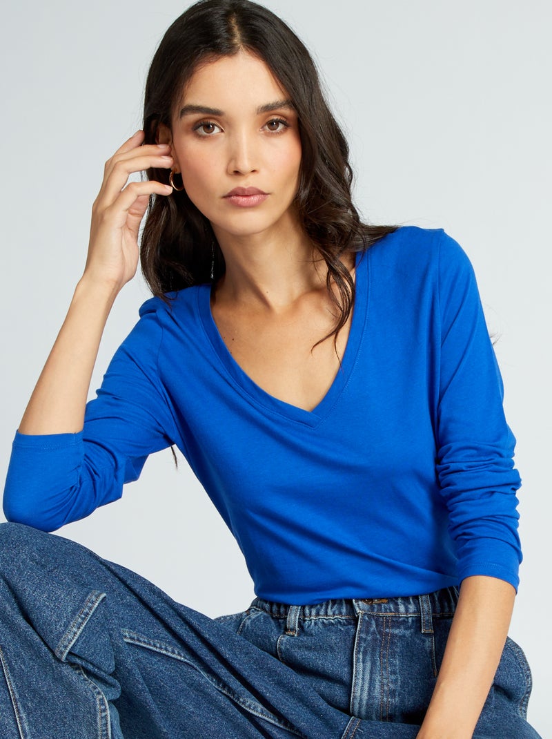 T-shirt met V-hals Blauw - Kiabi