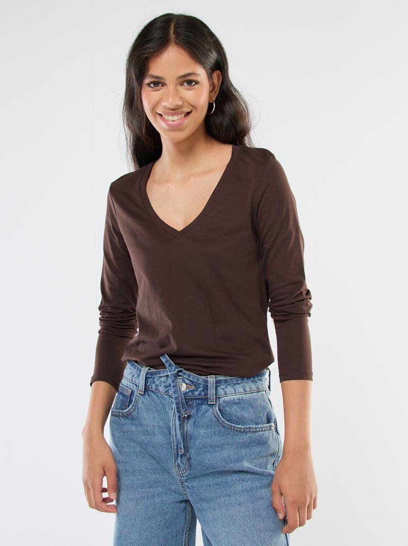 T-shirt met V-hals Bruin - Kiabi
