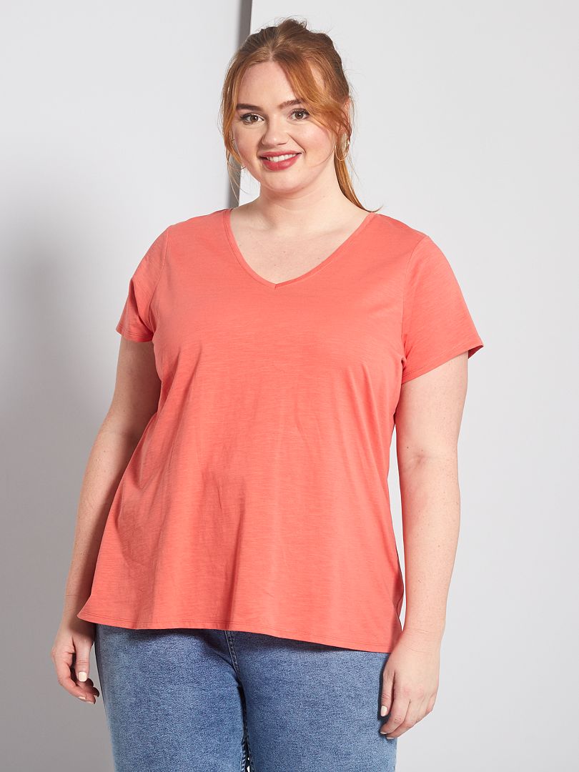 T-shirt met V-hals en korte mouw oranje roze - Kiabi
