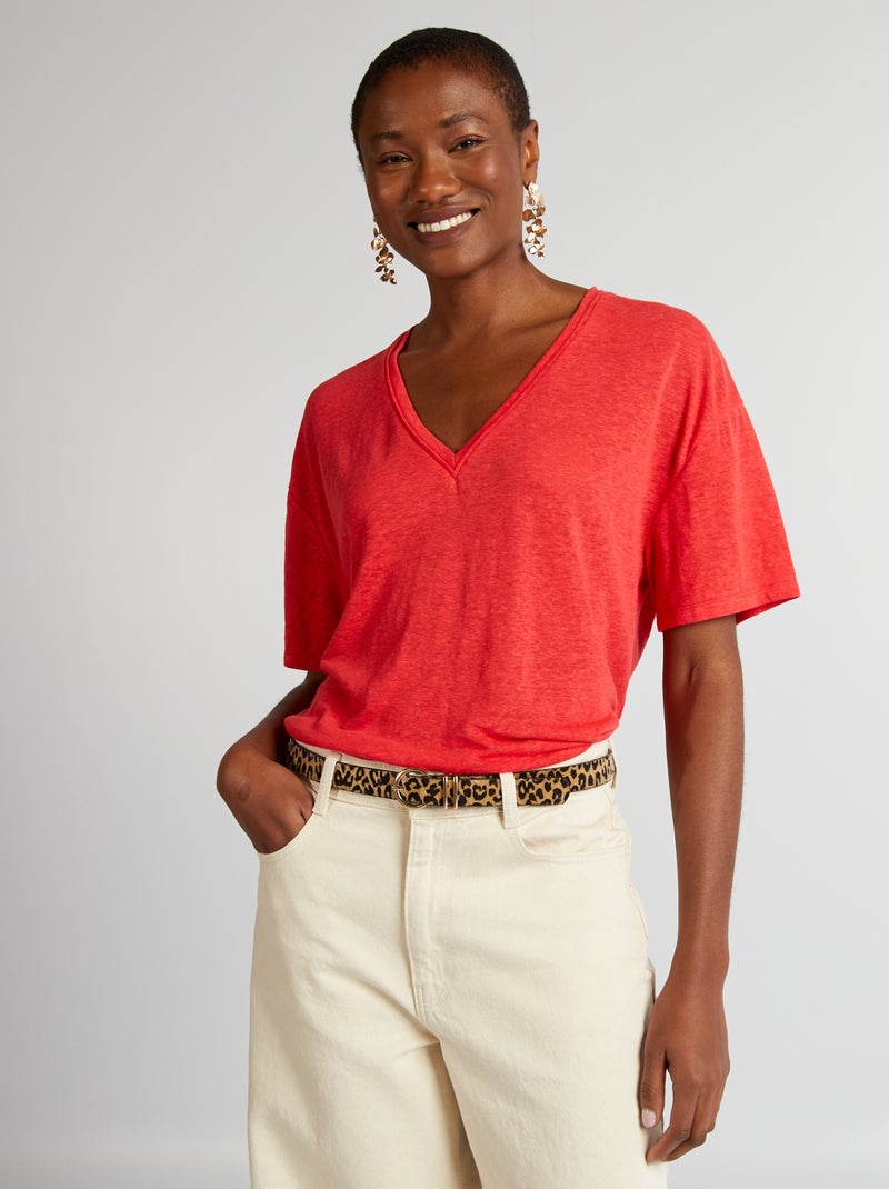 T-shirt met V-hals en linnen ROOD - Kiabi