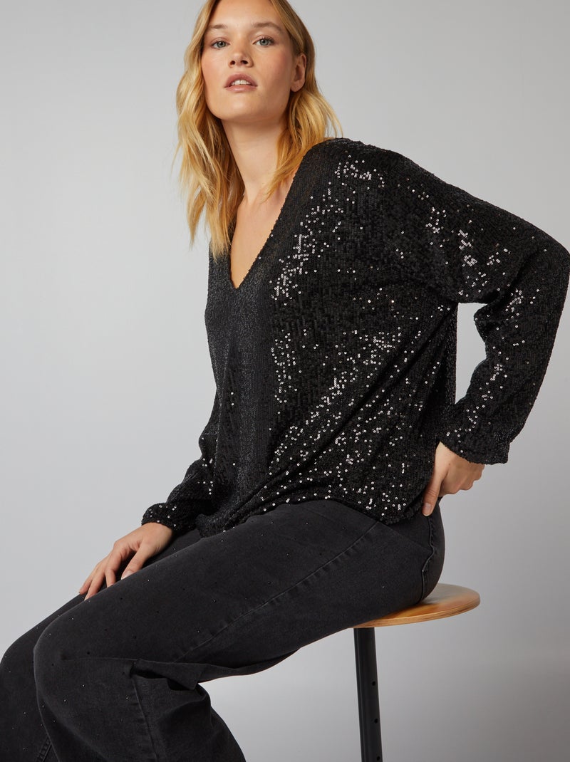 T-shirt met V-hals en lovertjes zwart - Kiabi