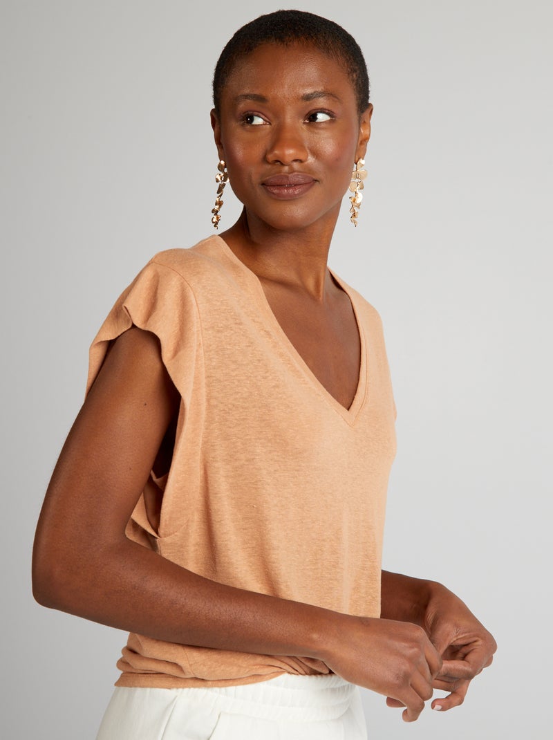 T-shirt met vleermuismouw en linnen BRUIN - Kiabi