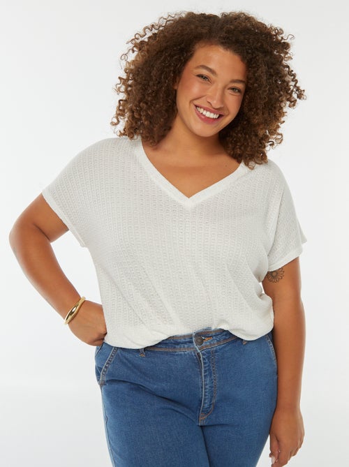 T-shirt met wafeltextuur, ajourmotiefje en korte mouw - Kiabi