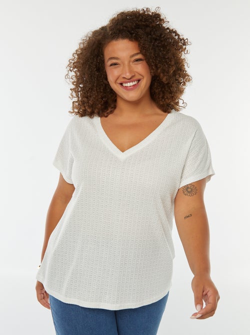 T-shirt met wafeltextuur, ajourmotiefje en korte mouw - Kiabi