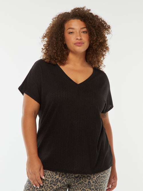 T-shirt met wafeltextuur, ajourmotiefje en korte mouw - Kiabi