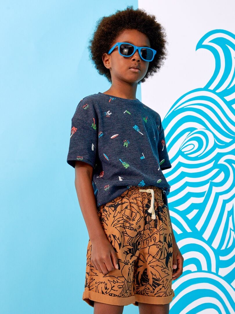 T-shirt met wafeltextuur en surfprint BLAUW - Kiabi
