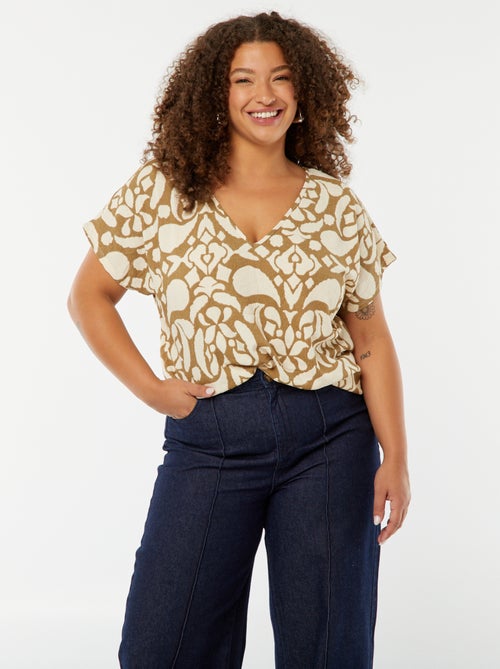 T-shirt met wafeltextuur, korte mouw en motiefje - Kiabi