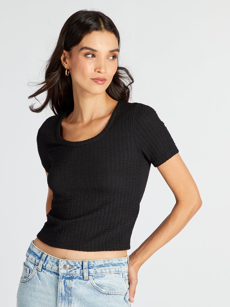 T-shirt met wafeltextuur zwart - Kiabi